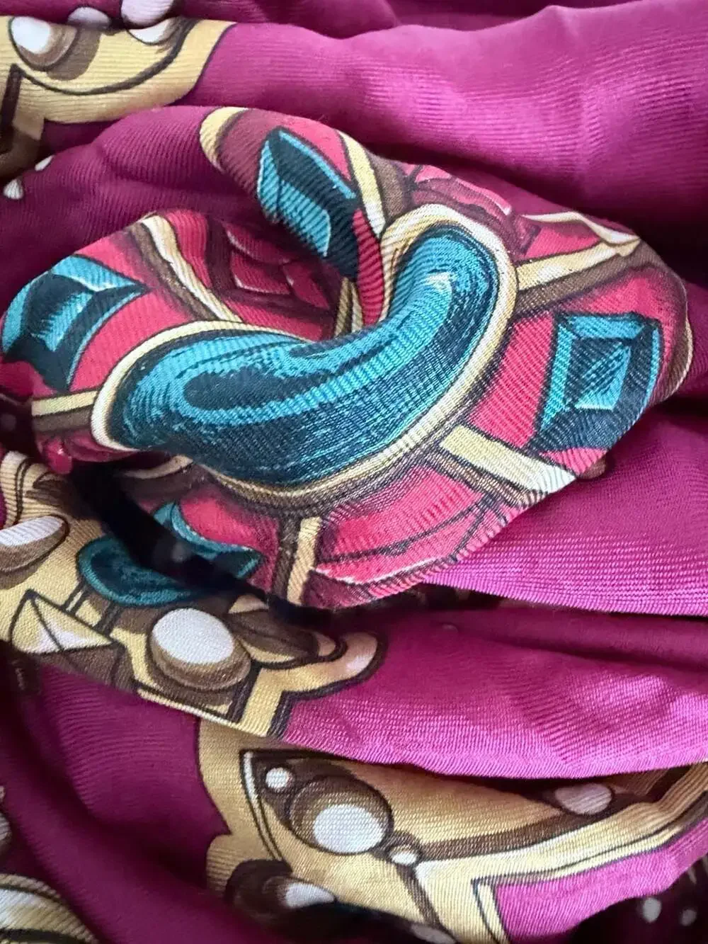Perry Ellis Vintage 100% Silk Scarf with Jewel and Gemstone Motif in Fuchsia